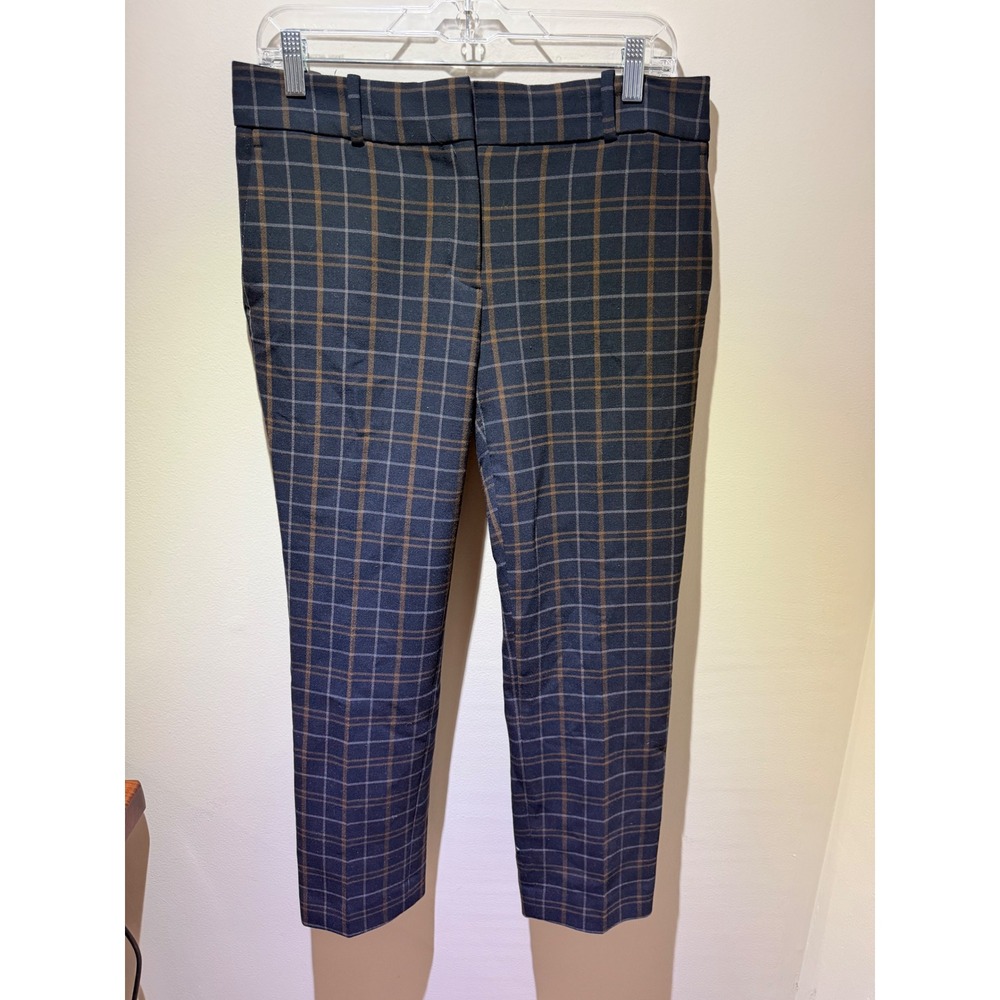 Ann Taylor Devin Fit Plaid Dress Pants Navy Brown Check Slim Leg Trousers Size 6